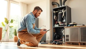 Professional HVAC technician servicing system at https://nobleheatingairservices.com with modern tools.