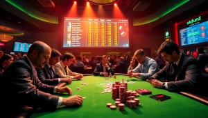 Experience high-stakes excitement at a poker tournament via okfun.com with vibrant gameplay and intense players.