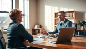Contact professional legal services at https://www.cohanlegal.com showcasing a lawyer meeting a client.