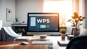 Showcasing WPS办公软件 on a modern office desk with natural light and professional decor.