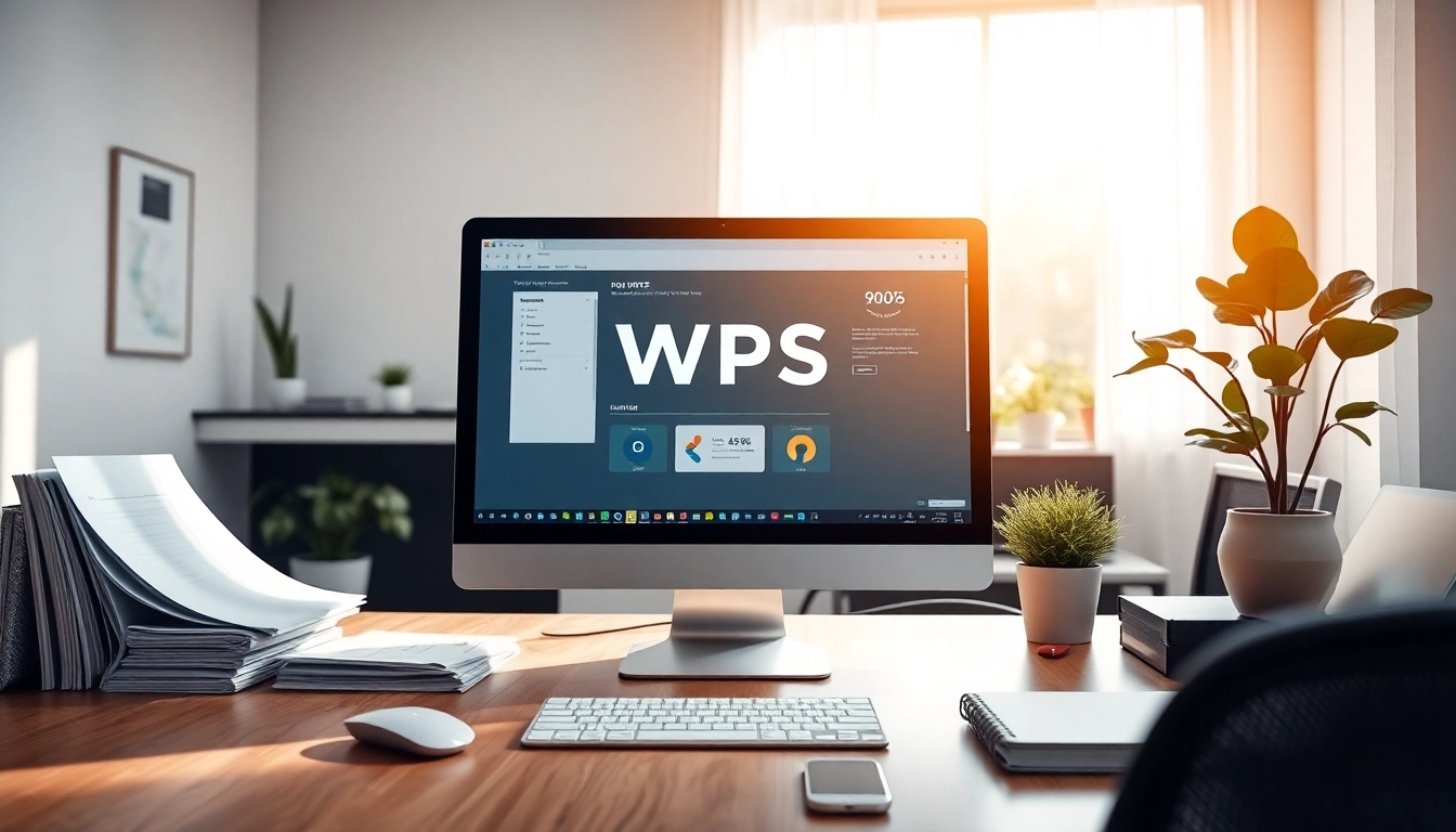 Showcasing WPS办公软件 on a modern office desk with natural light and professional decor.