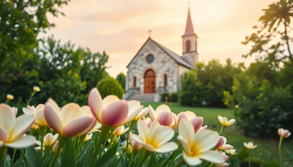 Symbolic scene of hope in Christian suicide showcased by a peaceful chapel and vibrant flowers.