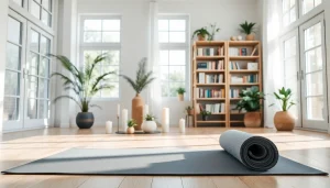 Pratique de bien-être dans un environnement serein sur https://kolivent.com, avec un tapis de yoga et des plantes décoratives.