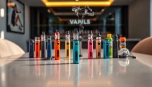 Verschiedene e zigarette mit bunten E-Liquids auf modernem Tisch