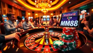 Experience MM88's thrilling casino atmosphere filled with vibrant roulette tables and eager players.