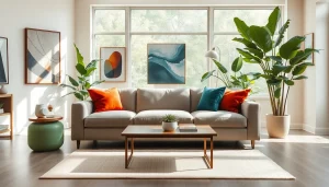 Menggambarkan ruang interior modern yang elegan di www.oscarliving.co.id dengan sofa bergaya dan dekorasi cerah.
