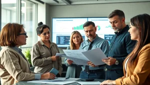 Team discussing disaster recovery planning strategies with digital displays in a modern office.