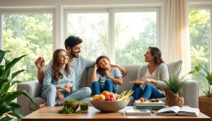 Aktivitäten einer Familie in einem gemütlichen Wohnzimmer auf https://sicherlebensraum.de, die gesunde Gewohnheiten zelebrieren.