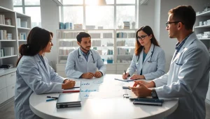 Researchers engaging in the ADAPTABLE Aspirin Study emphasizing collaboration in a modern lab.