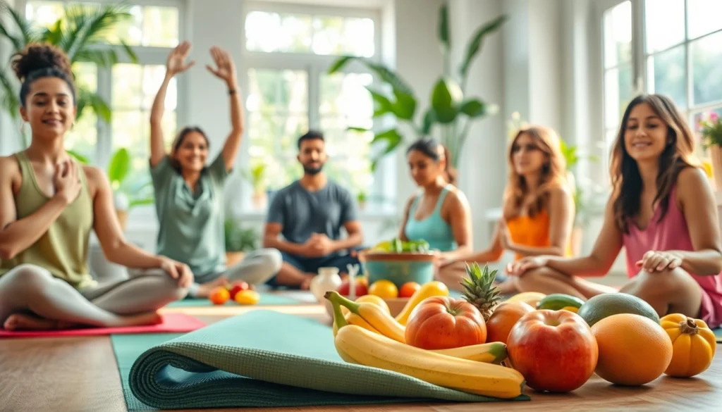 Engaged individuals demonstrate various aspects of health and wellness in a vibrant setting.