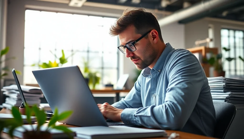 Rašantis žurnalistas kompiuteryje iš https://technaujienos.lt moderniame biure su šiuolaikiniais įrenginiais.