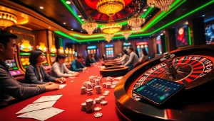Excited players enjoying poker at https://ax88.com.de/ casino table with vibrant slot machines.
