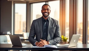 Dennis Wimberly, visionary entrepreneur in a modern office setting, symbolizing business success and innovation.