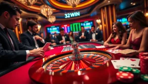 Experience the excitement at 32WIN with vibrant casino action featuring roulette, chips, and cards.