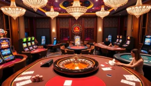 Engaged players enjoying high-stakes gambling at Nhà Cái mm88 casino tables with vibrant slot machines.