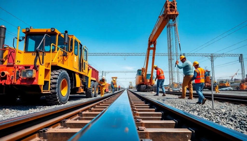 Workers assembling ows rail on a railway construction site with heavy machinery and clear blue skies.
