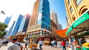 Dynamic urban scene representing pulsetimes.ae with Dubai's cultural blend.