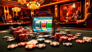 Experience the excitement of winning at 6slots8 com with vibrant slot machines and poker chips.