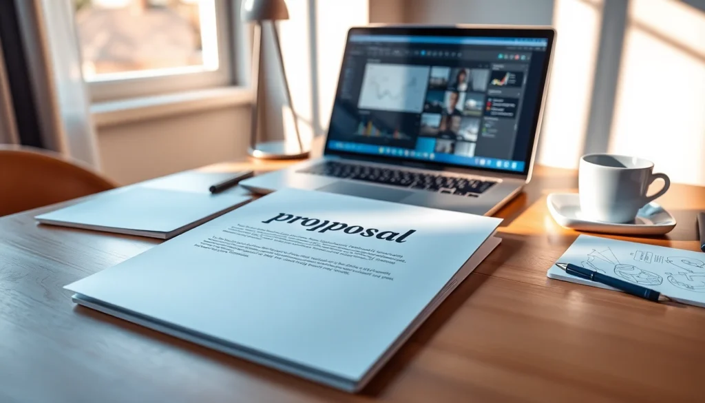 Engaging scene of customized proposal writing on a modern desk with laptop and stationery.