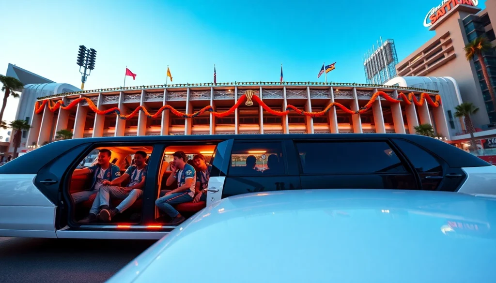 World Cup Group Transportation in a luxurious limousine outside a grand stadium with enthusiastic fans arriving in style.