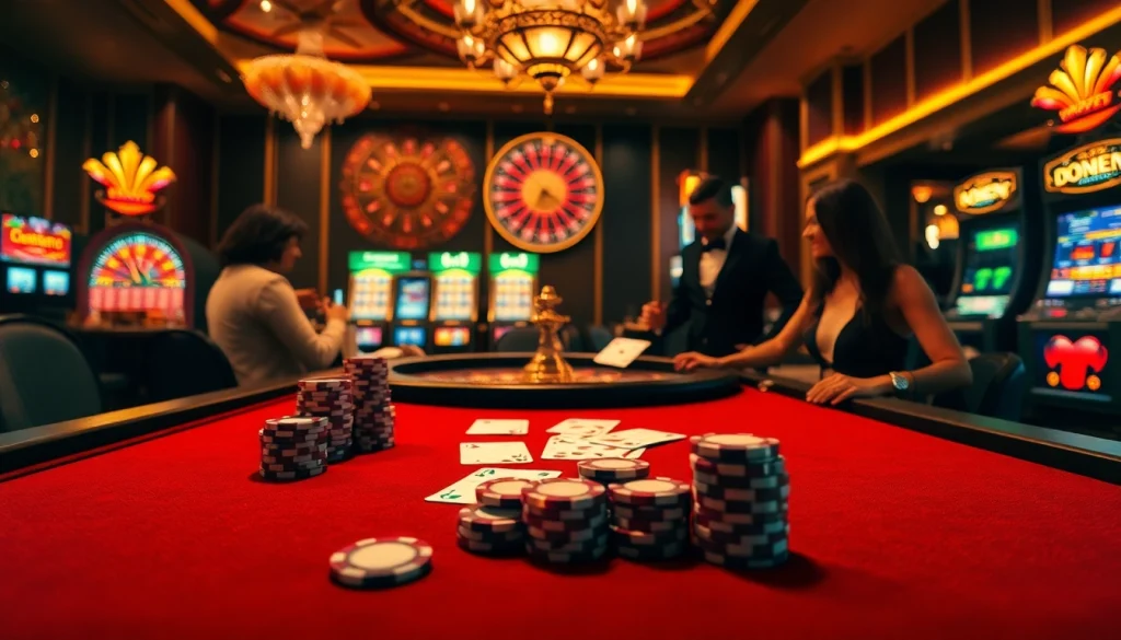 Engage in high-stakes poker at https://u888hii.com/ with a luxurious casino scene featuring vibrant tables and engaging players.