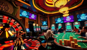 Experience the thrill of 'obral toto' with lively casino games featuring poker chips, roulette wheels, and vibrant slot machines.