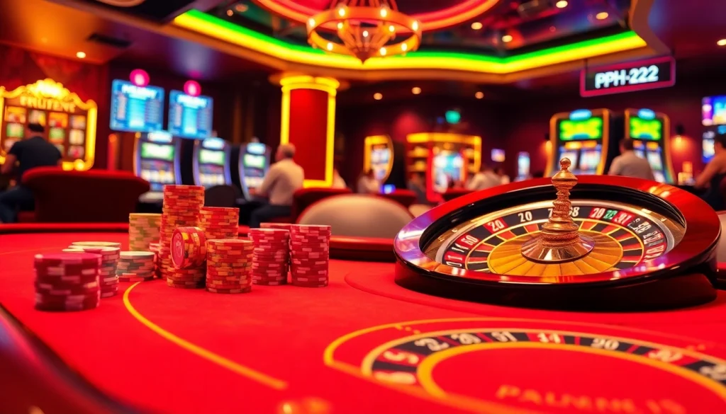 Experience the allure of PH222 with vibrant casino games, poker chips, and a spinning roulette wheel.