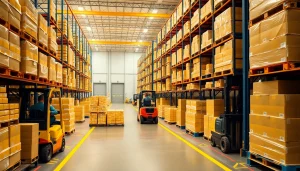 Efficient warehousing facility showcasing organized goods and workers in action.