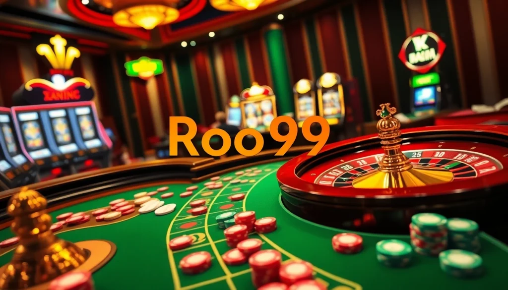 Players enjoying the thrill of casino games with Roo99-themed betting chips and cards on a vibrant poker table.