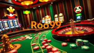 Players enjoying the thrill of casino games with Roo99-themed betting chips and cards on a vibrant poker table.