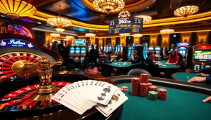 Gambling excitement at https://xx88.vin/ showcasing poker tables and roulette wheels in a luxurious casino.