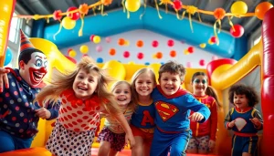 Exciting family-friendly entertainment at https://www.tcspecialentertainment4u.com with vibrant bounce houses and joyful children.