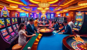 A thrilling casino atmosphere with players enjoying games at https://sn888app.com.br, highlighting vibrant tables and colorful slot machines.
