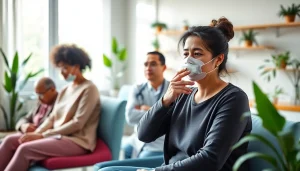 Visite à cliniquedusoufflelepontet.fr avec un professionnel de la santé aidant un patient en réhabilitation respiratoire.