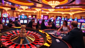F168 casino players engaging with vibrant roulette and poker tables, showcasing thrilling gambling action.