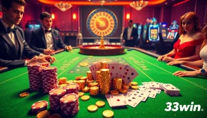 Immerse in the excitement of winning at 33win with vibrant casino visuals featuring tables, cards, and chips.