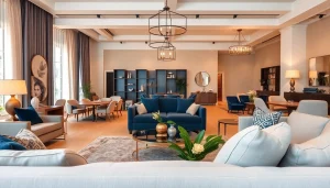 Δωμάτιο με μοντέρνα έπιπλα από το https://deco2.gr, όπως καναπέδες και φωτιστικά σε ζεστά χρώματα.