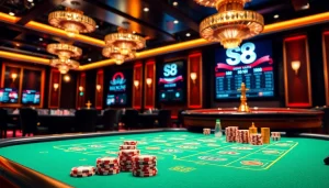 S8 casino scene with poker action, roulette wheel, and vibrant gaming atmosphere.