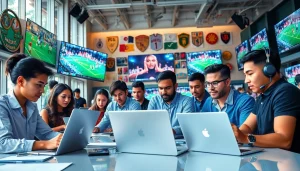 Engage with the latest updates from https://thesportstribune.in, showcasing a vibrant newsroom filled with sports journalists.