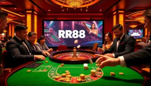 Players enjoying a thrilling moment at the RR88 casino, betting on roulette and poker.