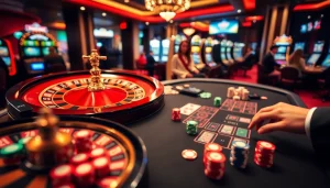 Experience thrilling bets at RR88's luxurious casino tables filled with poker chips and cards.