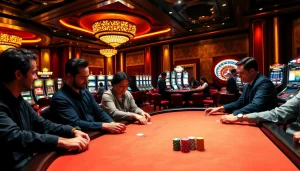 Exciting gambling action at https://lc88comm.com/ poker table with players placing bets and vibrant casino backdrop.