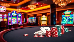 An exciting casino table experience at XX88 with vibrant poker chips and playing cards under warm lighting.