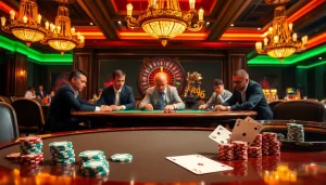 Players at a k88win poker table strategizing over their cards in a luxurious casino.