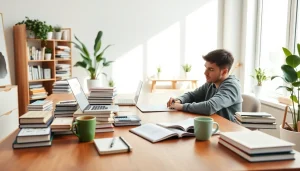Student focused on writing their lucrari licenta in a bright study space with books, laptop, and notepad.