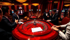 Kèo nhà cái betting slip showcased on a luxurious casino table with players enjoying a roulette game.
