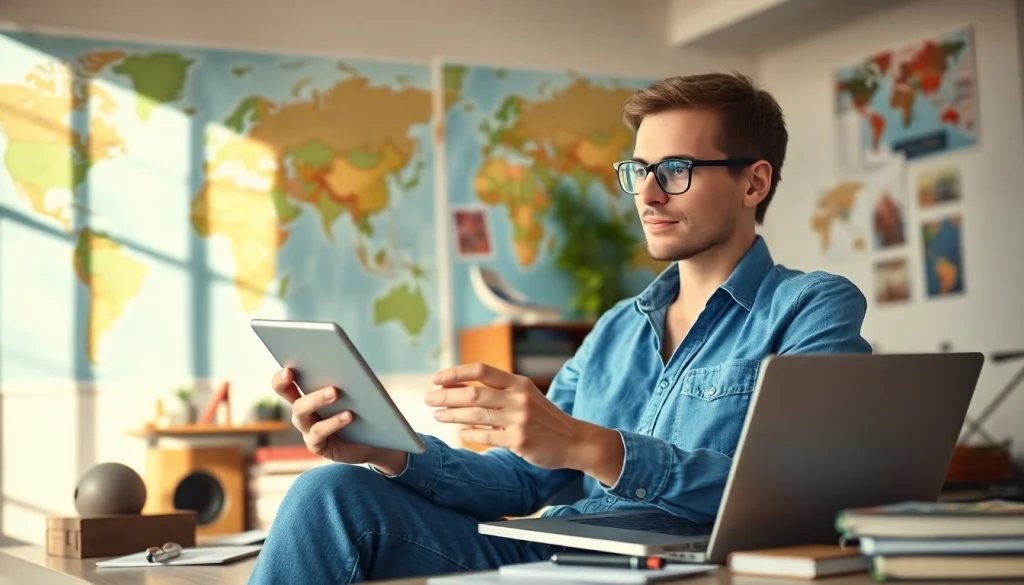 Nuvelios.org의 여행 계획 중인 전문가의 모습, 디지털 기기를 리뷰하는 장면