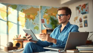 Nuvelios.org의 여행 계획 중인 전문가의 모습, 디지털 기기를 리뷰하는 장면