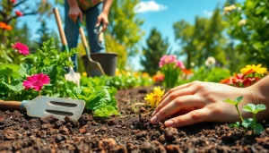 Gardening scene illustrating vibrant plants and tools, showcasing hands in action.