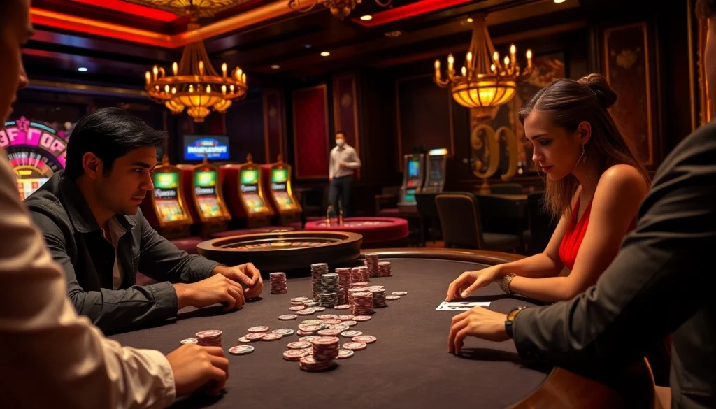 Kuwin 789 players enjoying intense poker game with chips and cards in a luxurious casino setting.